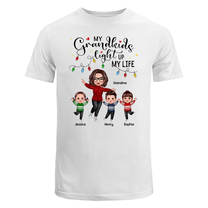 Happy Doll Grandma And Kids My Grandkids Light Up My Life Christmas Personalized Shirt - Image 5