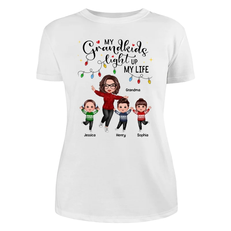 Happy Doll Grandma And Kids My Grandkids Light Up My Life Christmas Personalized Shirt - Image 9