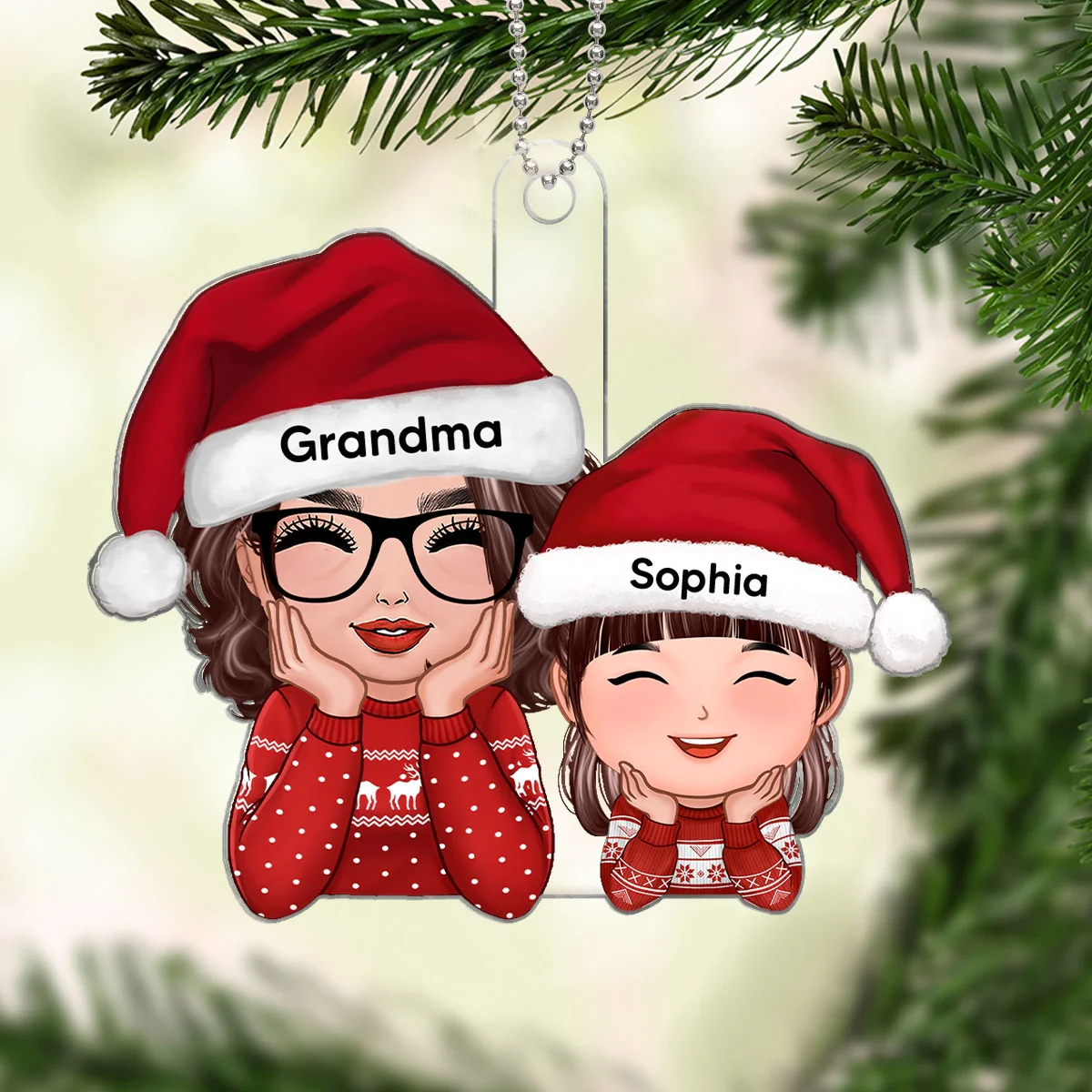 Happy Doll Grandma Granddaughter Grandson Chin On Hands Personalized Acrylic Ornament