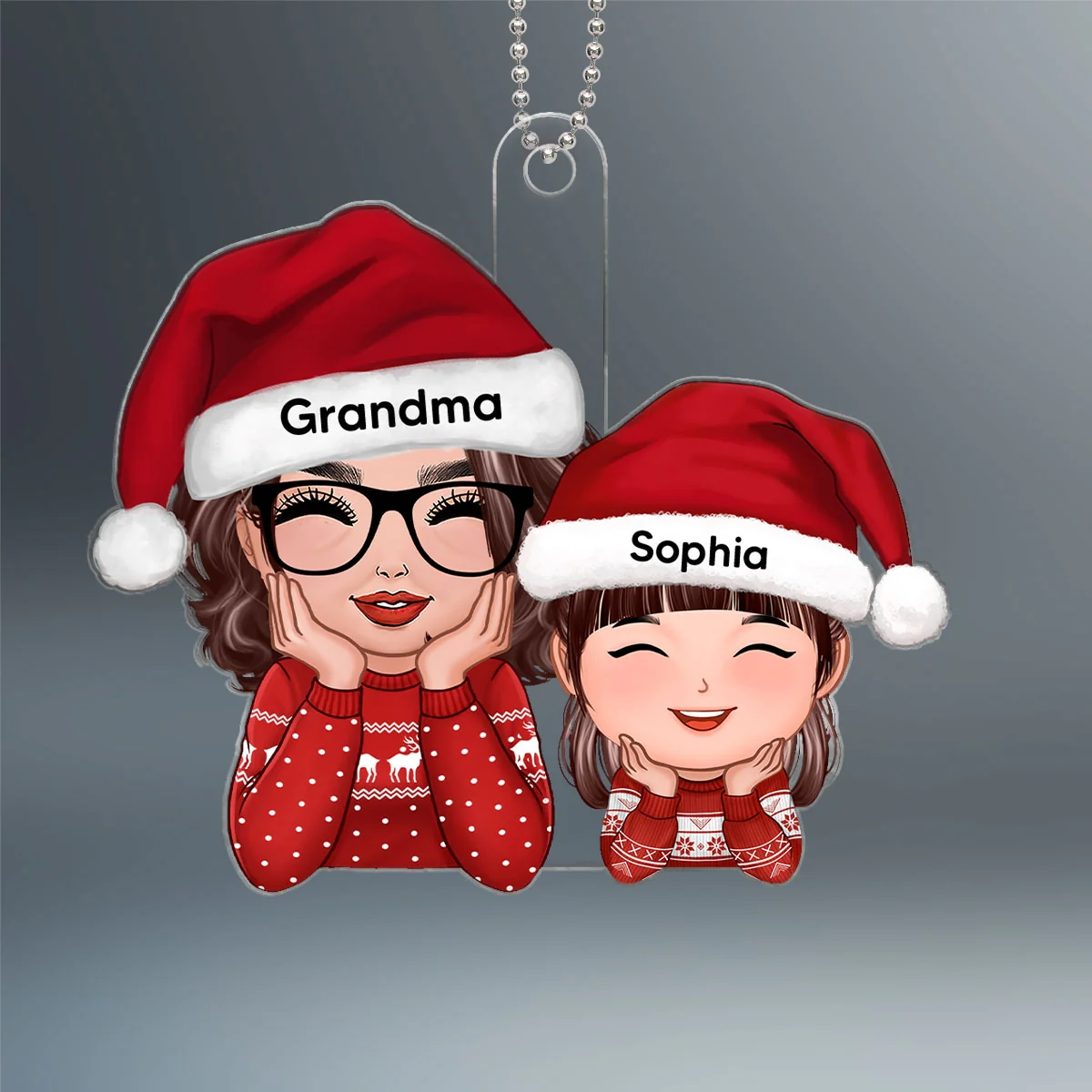 Happy Doll Grandma Granddaughter Grandson Chin On Hands Personalized Acrylic Ornament - Image 2