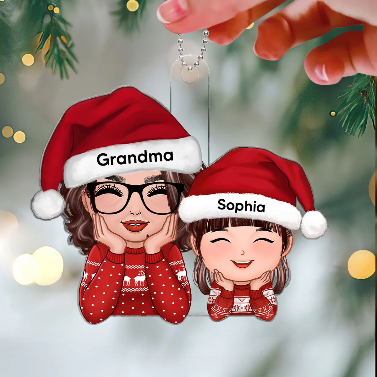 Happy Doll Grandma Granddaughter Grandson Chin On Hands Personalized Acrylic Ornament - Image 3