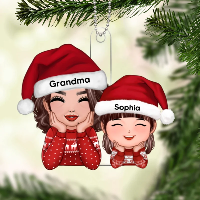 Happy Doll Grandma Granddaughter Grandson Chin On Hands Personalized Acrylic Ornament - Image 5