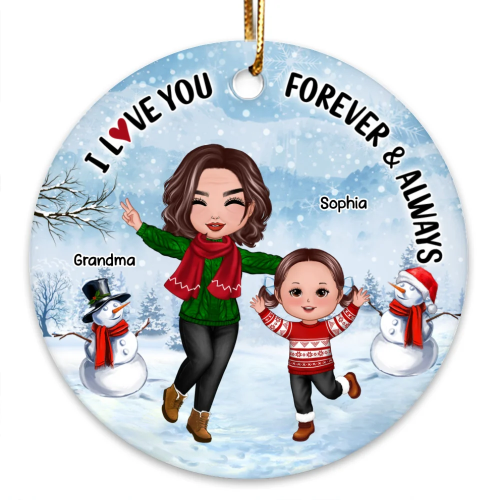 Happy Doll Grandma & Grandkid In Snow Christmas Gift For Granddaughter Grandson Personalized Circle Ornament - Image 6