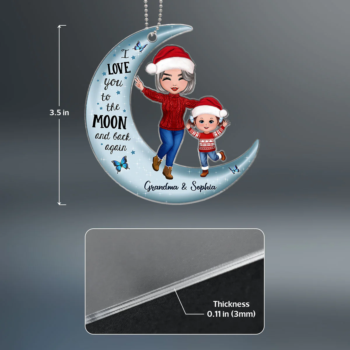 Happy Doll Grandma & Grandkid On Moon Personalized Acrylic Ornament - Image 4