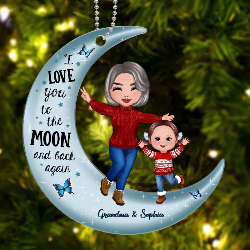 Happy Doll Grandma & Grandkid On Moon Personalized Acrylic Ornament - Image 5