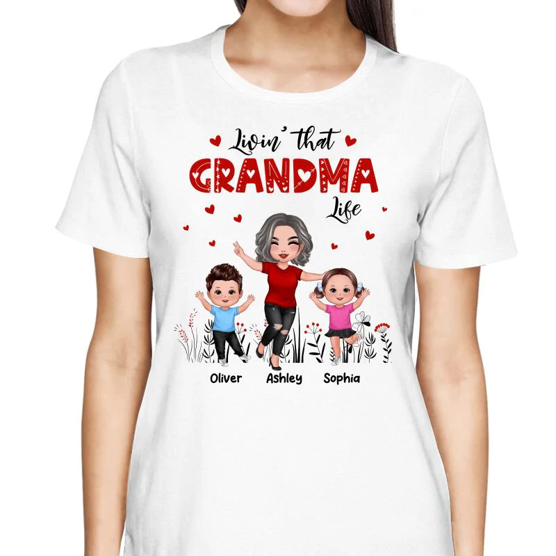 Happy Doll Grandma & Grandkids Livin‘ That Grandma Life Personalized Shirt
