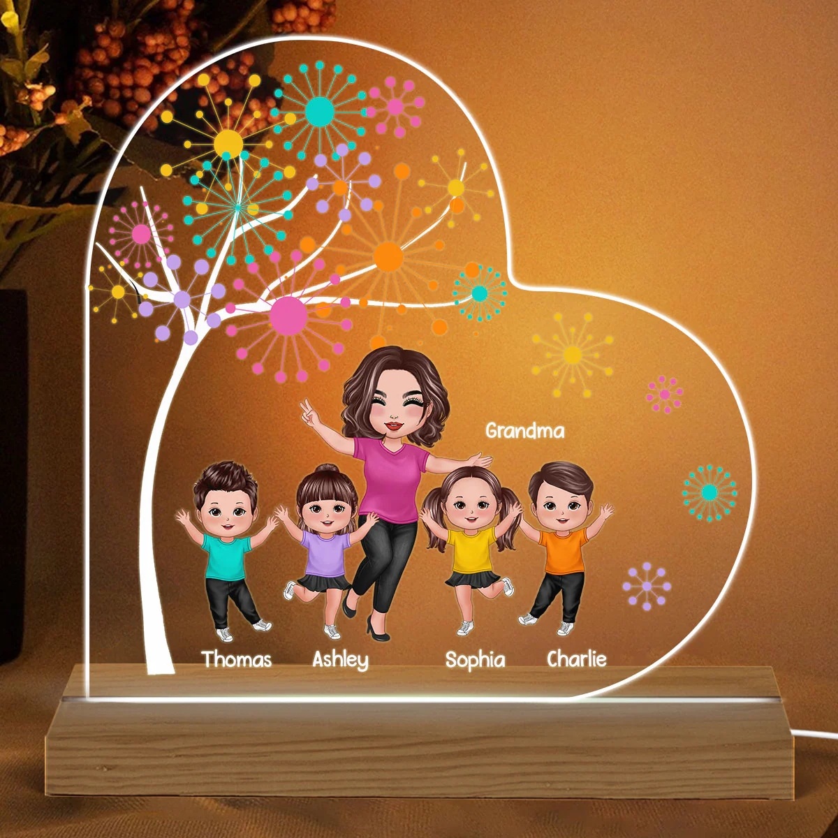 Happy Doll Grandma Kids Colorful Dot Tree Personalized Warm Acrylic Custom Shape LED Night Light - Image 2