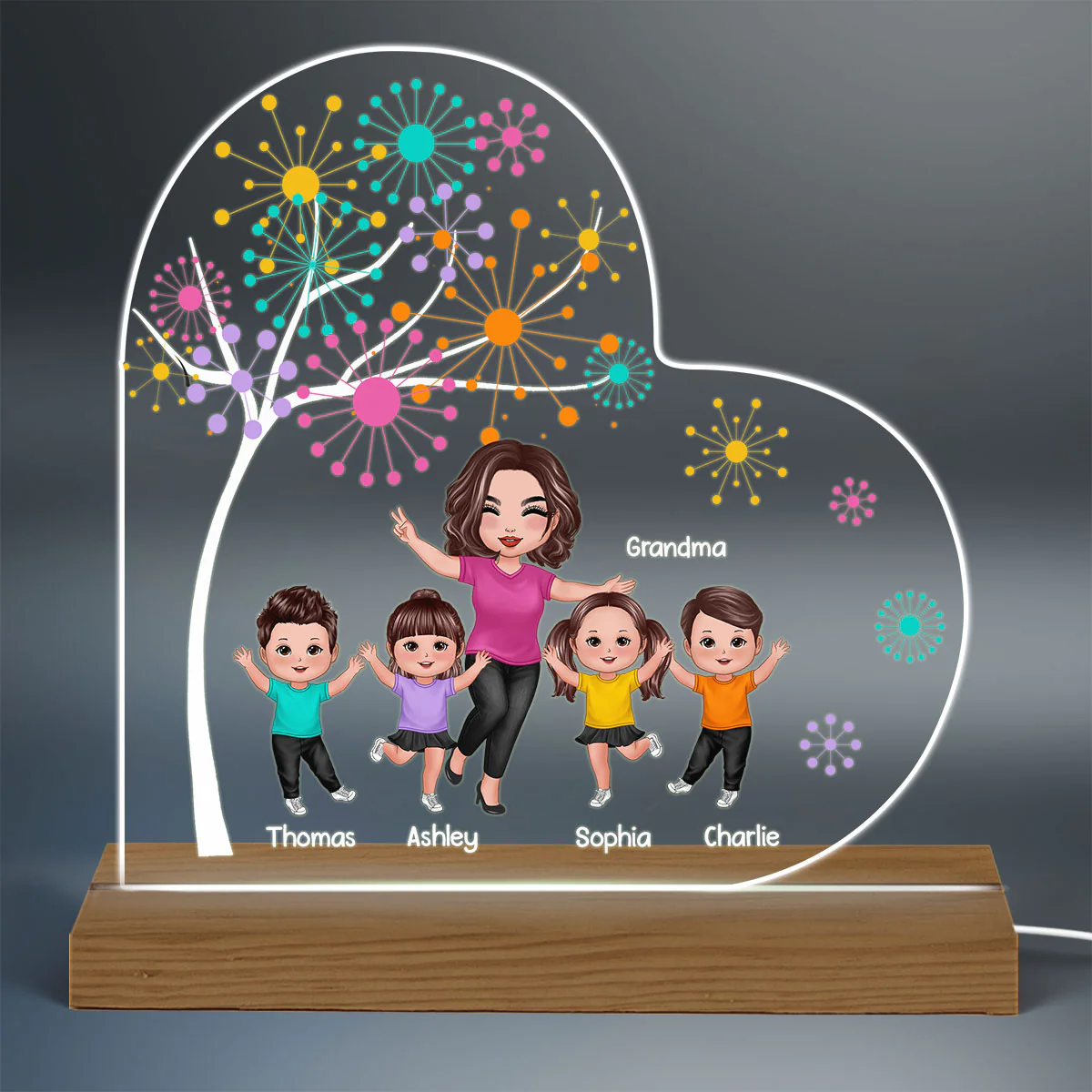 Happy Doll Grandma Kids Colorful Dot Tree Personalized Warm Acrylic Custom Shape LED Night Light - Image 3