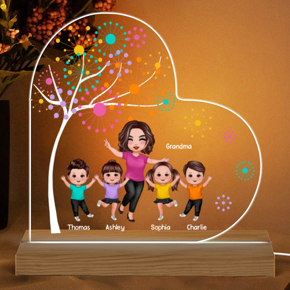 Happy Doll Grandma Kids Colorful Dot Tree Personalized Warm Acrylic Custom Shape LED Night Light - Image 4
