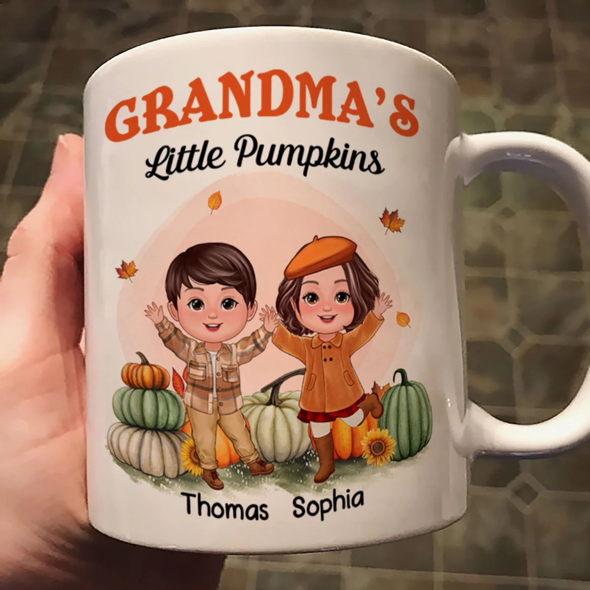 Happy Doll Kids Grandma Mom Fall Season Personalized Mug - Image 2