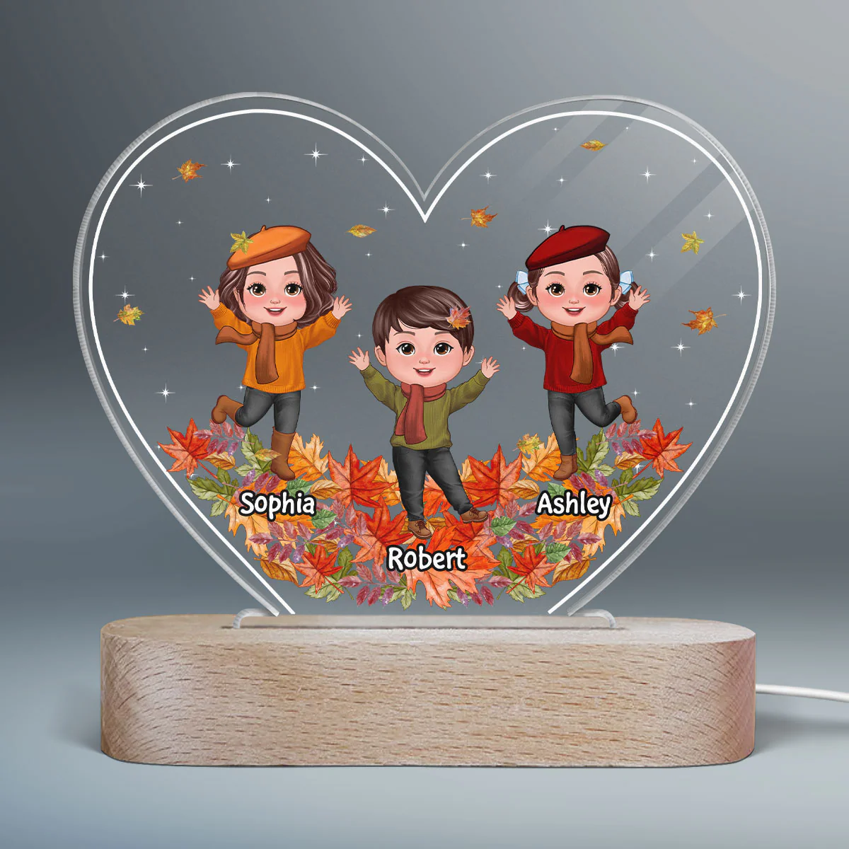 Happy Doll Kids Playing Fall Leaves Personalized Acrylic Heart LED Night Light - Image 2