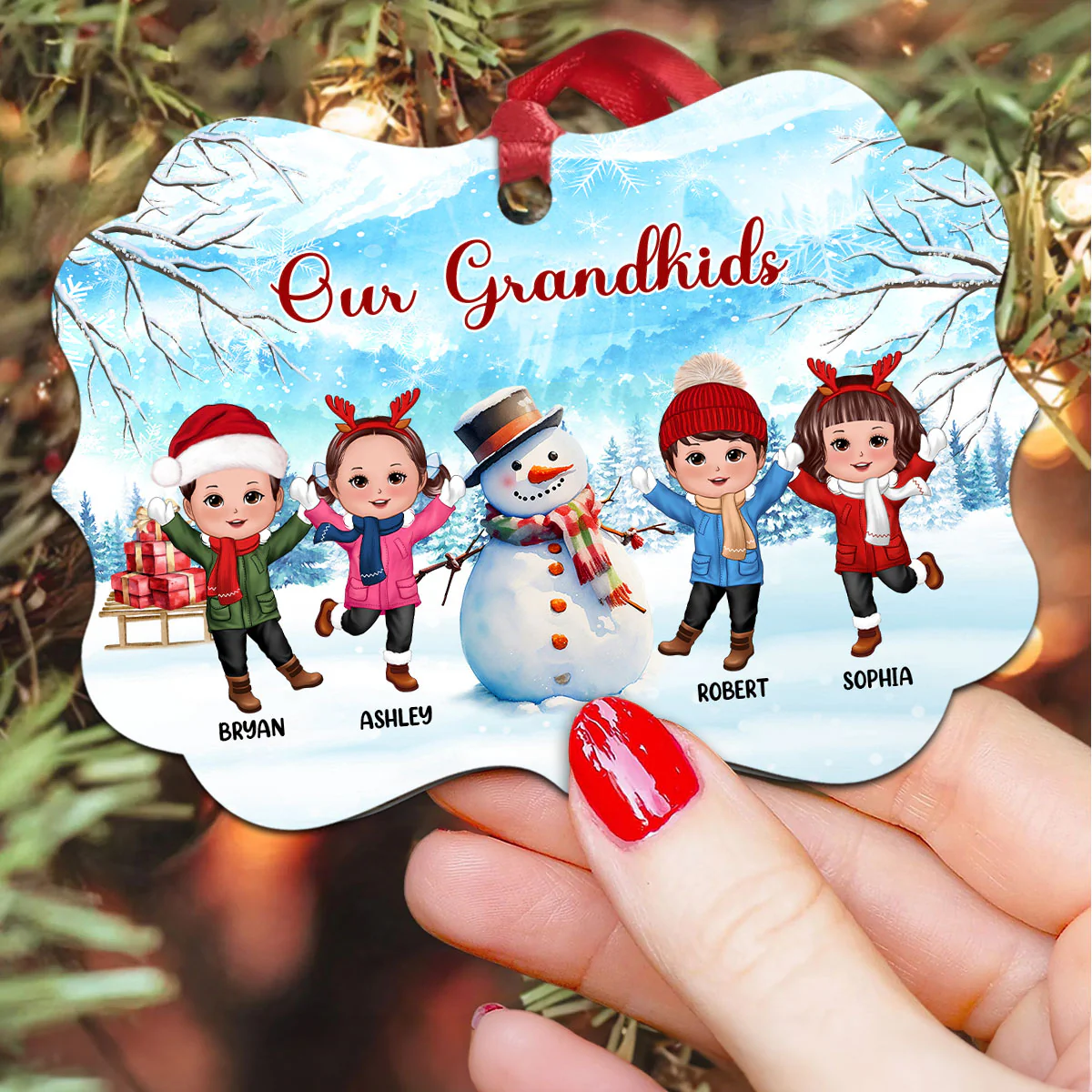 Happy Doll Kids Playing In Snow With Snowman Personalized Christmas Ornament - Image 3