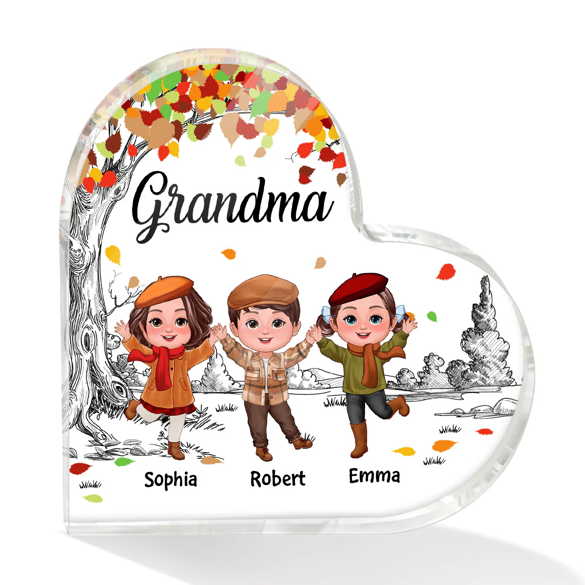 Happy Doll Kids Under Colored Fall Tree Personalized Heart Acrylic Plaque - Image 2
