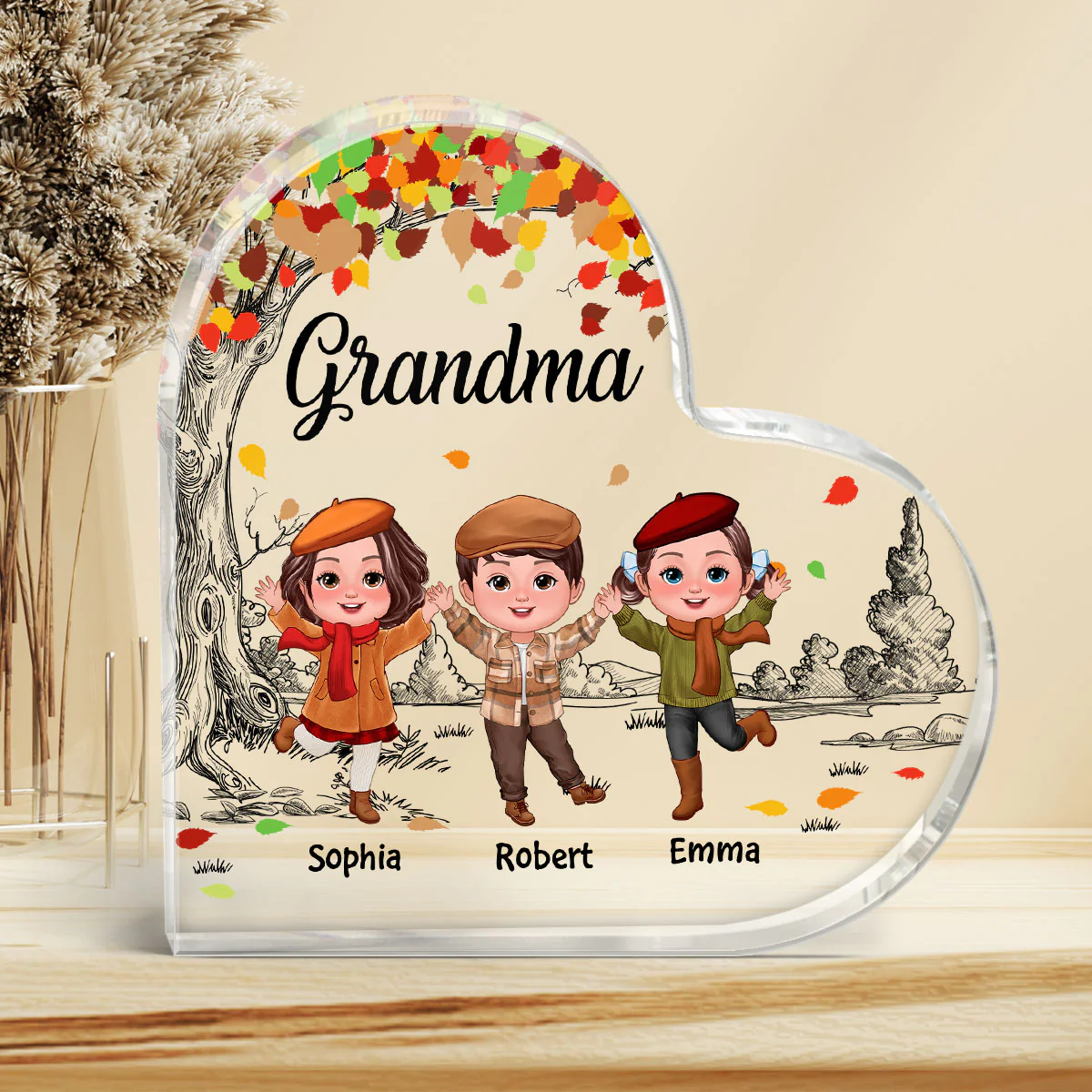 Happy Doll Kids Under Colored Fall Tree Personalized Heart Acrylic Plaque - Image 3