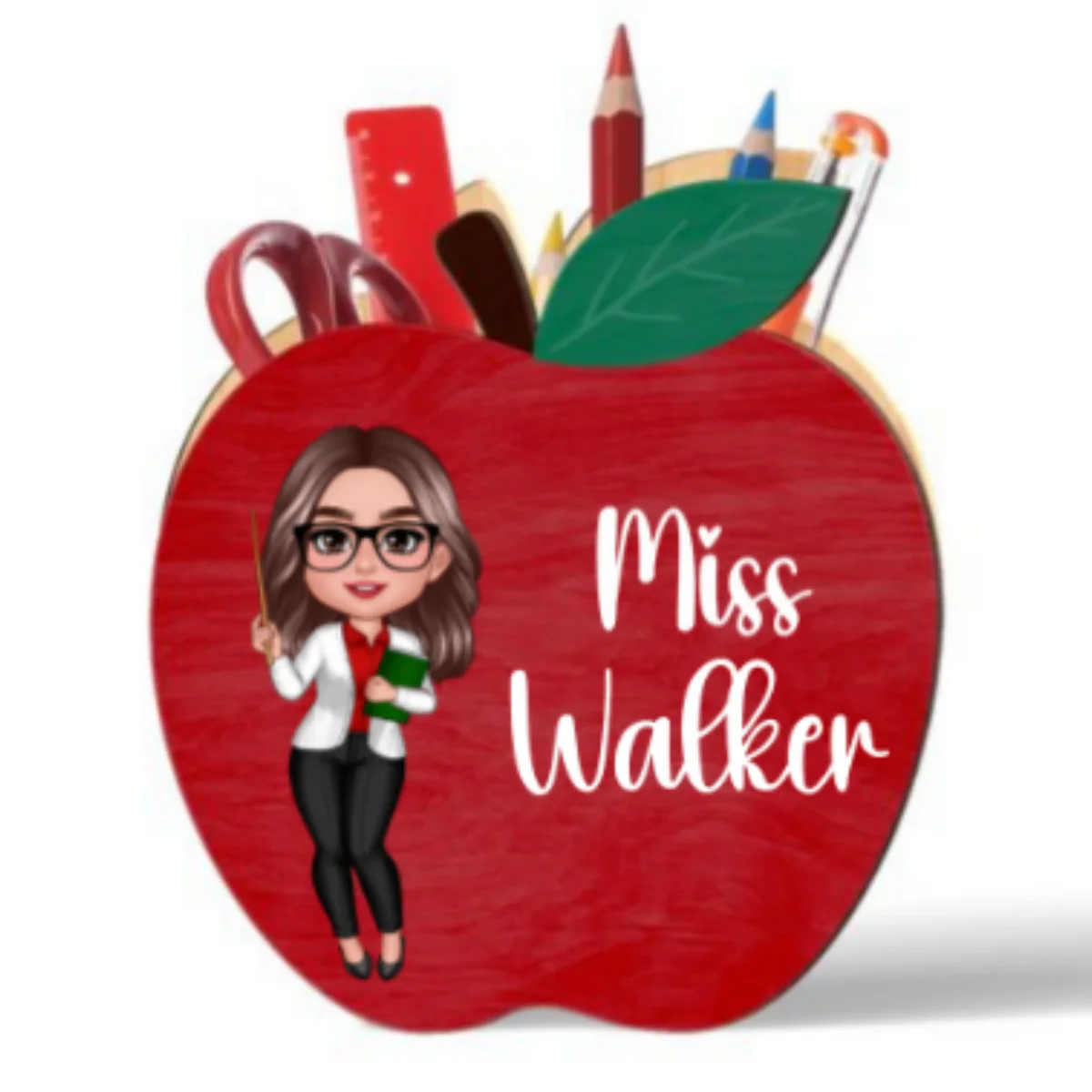 Happy Doll Teacher Personalized Apple Shaped Pen Pencil Holder, Office Decor for Teacher