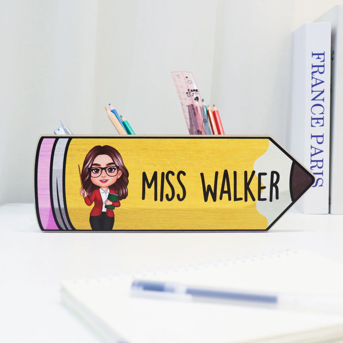 Happy Doll Teacher Personalized Wooden Pen Pencil Holder, Back To School Gift