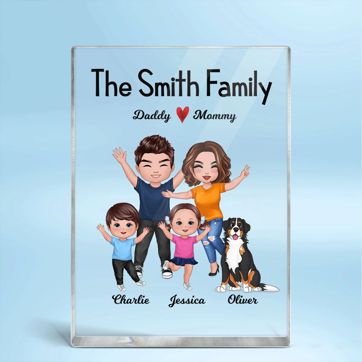Happy Doll Whole Family Couple Kids Dogs Cats Personalized Vertical Rectangle Acrylic Block Plaque - Image 2