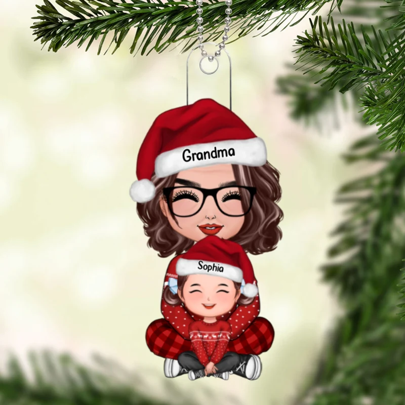 Happy Grandma Grandkid Sitting On Lap Christmas Gift For Granddaughter Grandson Personalized Acrylic Ornament - Image 5