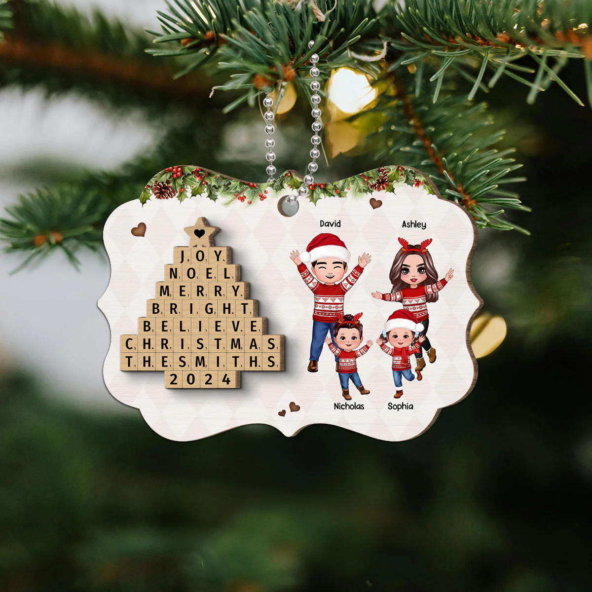 Happy Family By Word Art Christmas Tree Personalized 2-Layer Wooden Ornament - Image 2