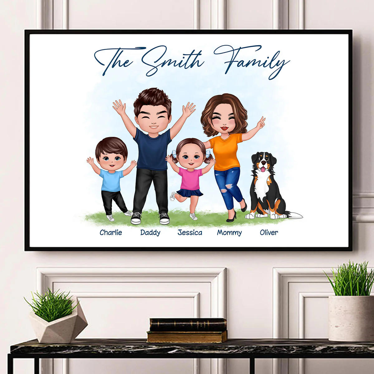 Happy Family Couple Kid Dog Cat Personalized Horizontal Poster