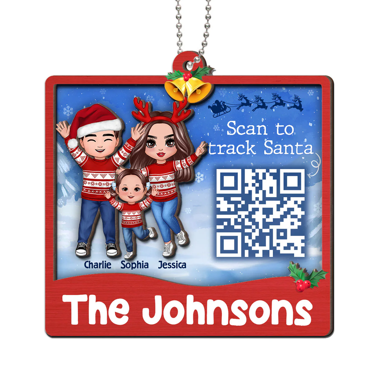Happy Family Santa Tracker QR Code Personalized 2-Layer Wooden Ornament - Image 2