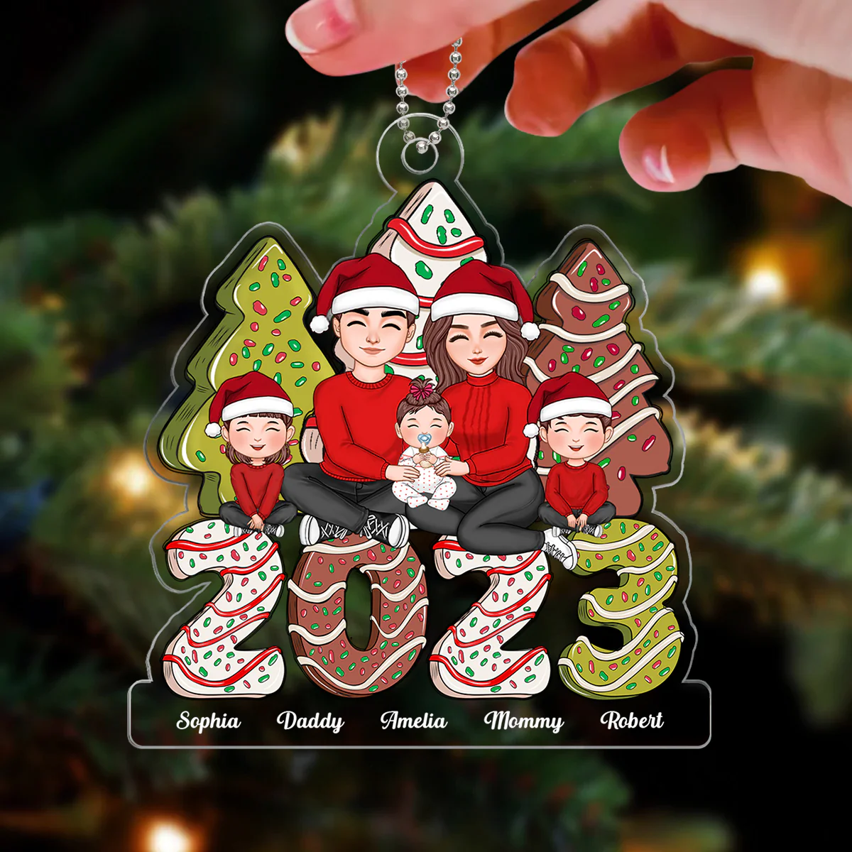 Happy Family Sitting Hugging Christmas Tree Cake Personalized Acrylic Ornament - Image 3