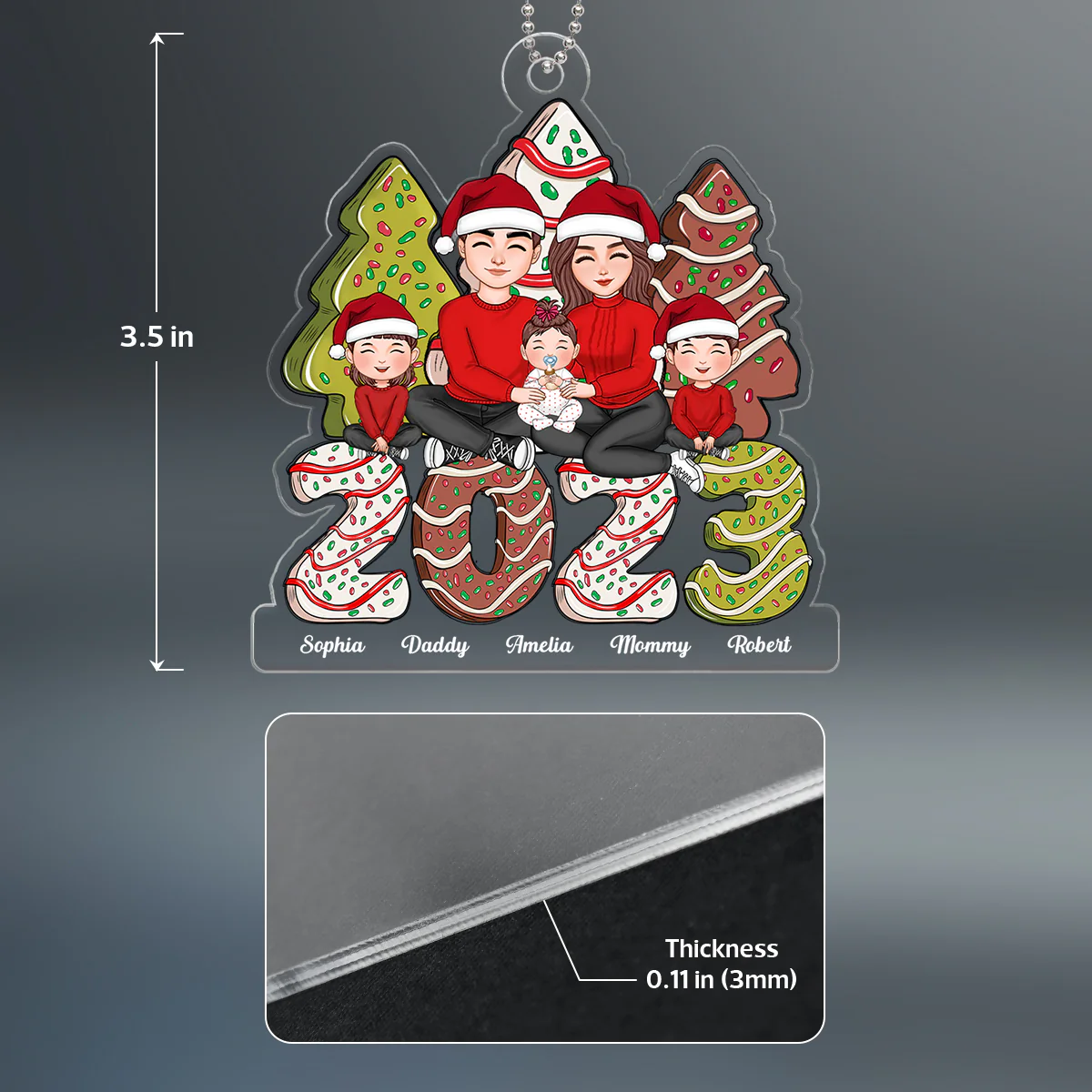 Happy Family Sitting Hugging Christmas Tree Cake Personalized Acrylic Ornament - Image 4