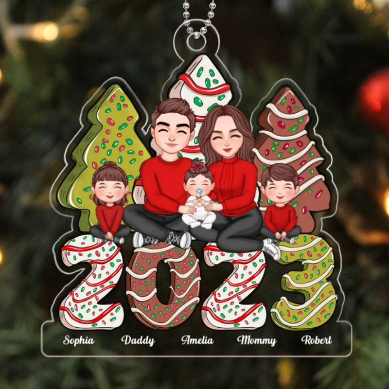 Happy Family Sitting Hugging Christmas Tree Cake Personalized Acrylic Ornament - Image 5