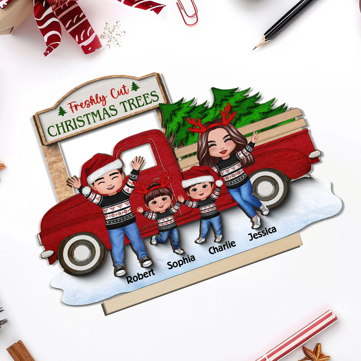Happy Family With Christmas Truck Personalized 2-Layer Standing Wooden Plaque, Christmas Decoration, Tiered Tray Decor - Image 5