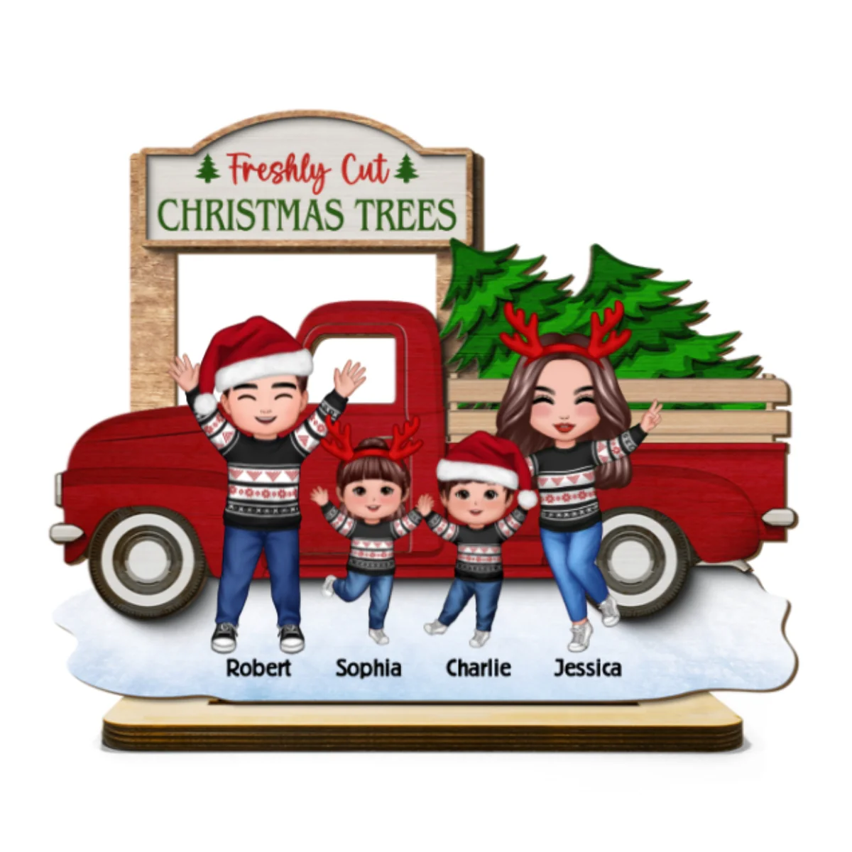 Happy Family With Christmas Truck Personalized 2-Layer Standing Wooden Plaque, Christmas Decoration, Tiered Tray Decor - Image 8