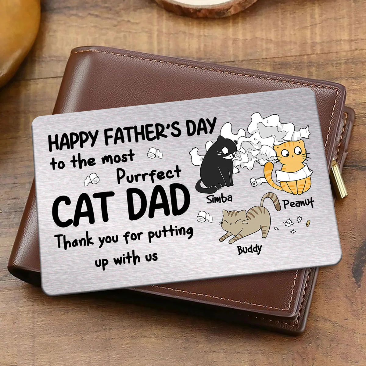 Happy Father‘s Day Cat Dad Toilet Paper Funny Gift Personalized Metal Wallet Card - Image 3