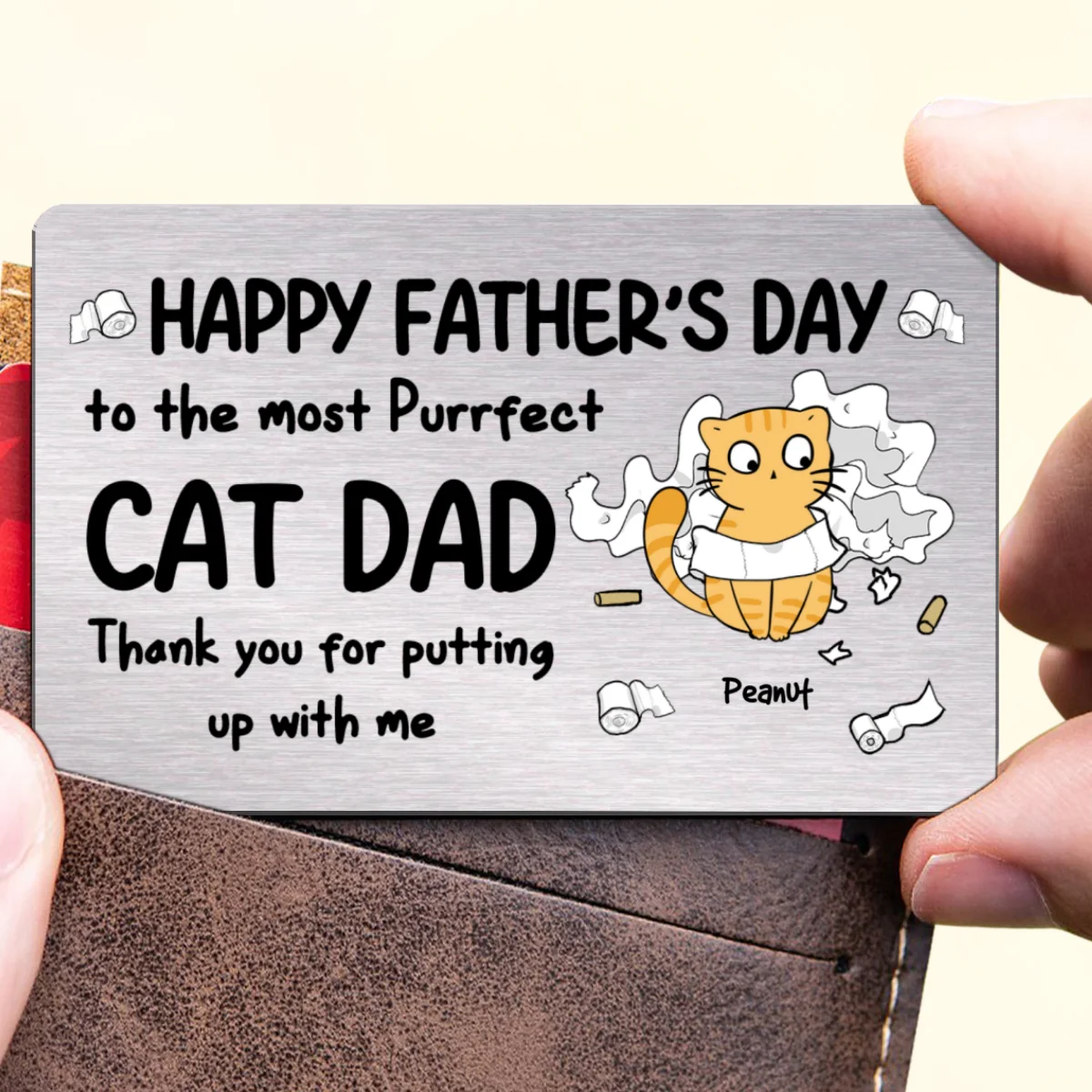 Happy Father‘s Day Cat Dad Toilet Paper Funny Gift Personalized Metal Wallet Card - Image 4