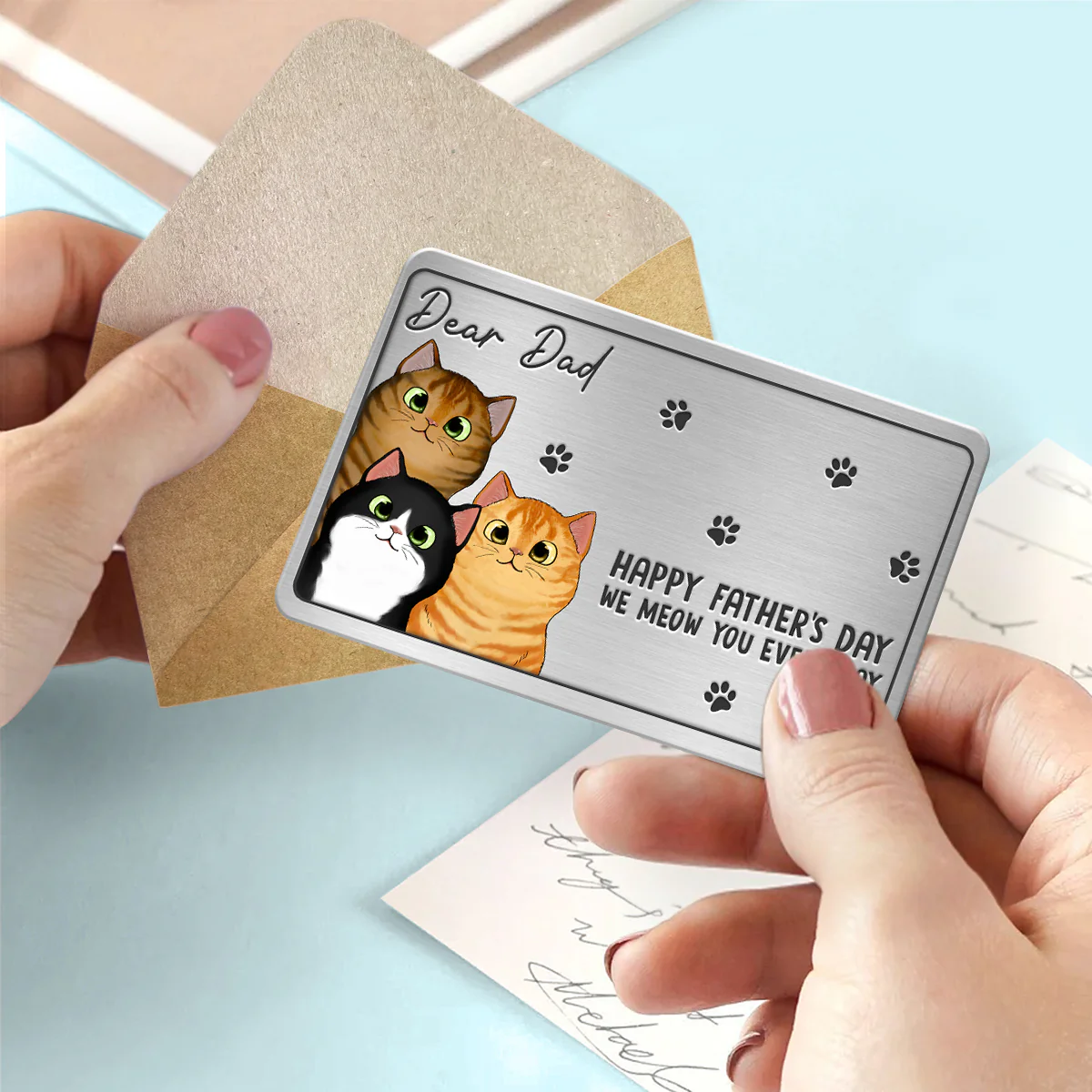 Happy Father‘s Day Fluffy Cats Personalized Metal Wallet Card - Image 3