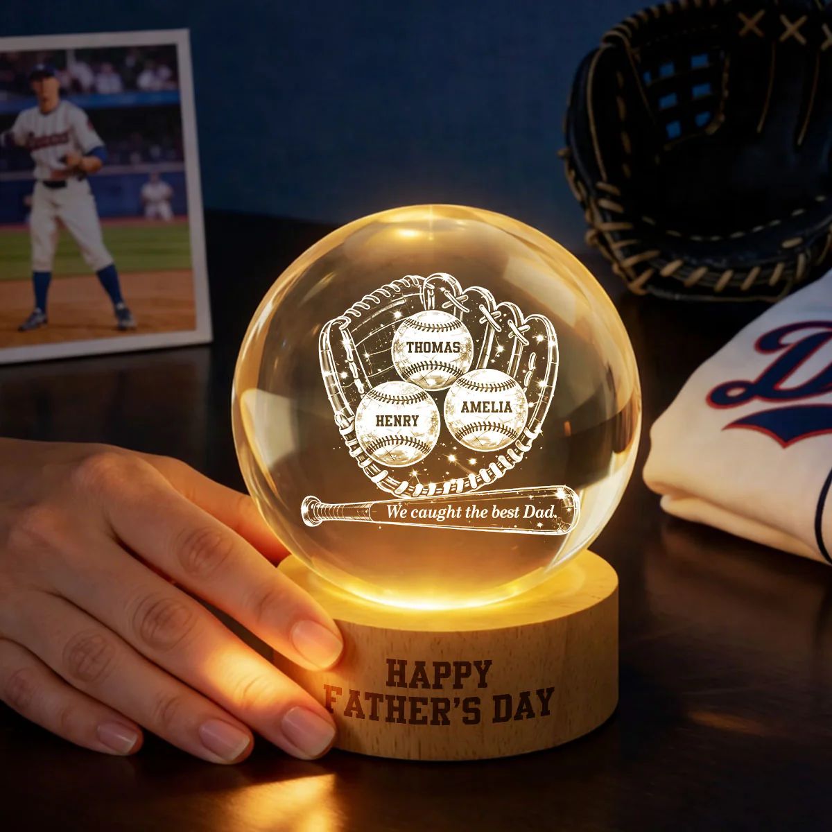 Happy Baseball Dad - Personalized Crystal Ball LED Night Light - Gift for Dad, Husband - Image 2