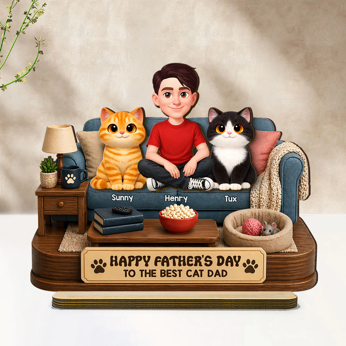 Happy Best Cat Dad - Personalized 2-Layered Wooden Plaque - Gift For Cat Dad, Cat Lovers