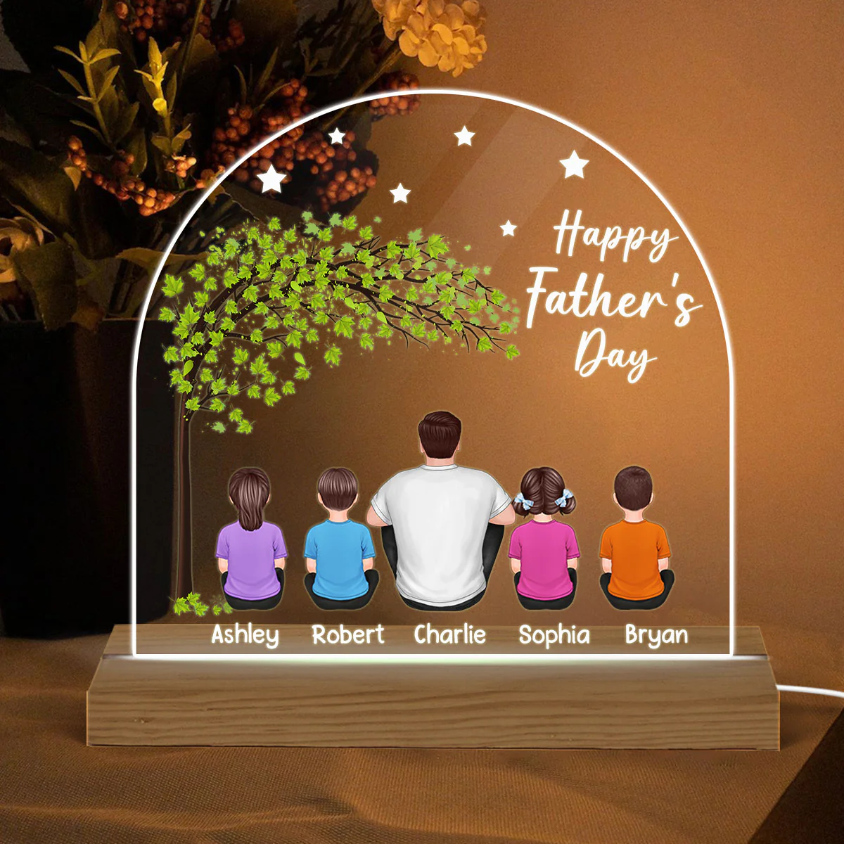 Happy Father‘s Day Dad And Kids Sitting Under Tree Personalized Custom Shape Warm LED Night Light - Image 2