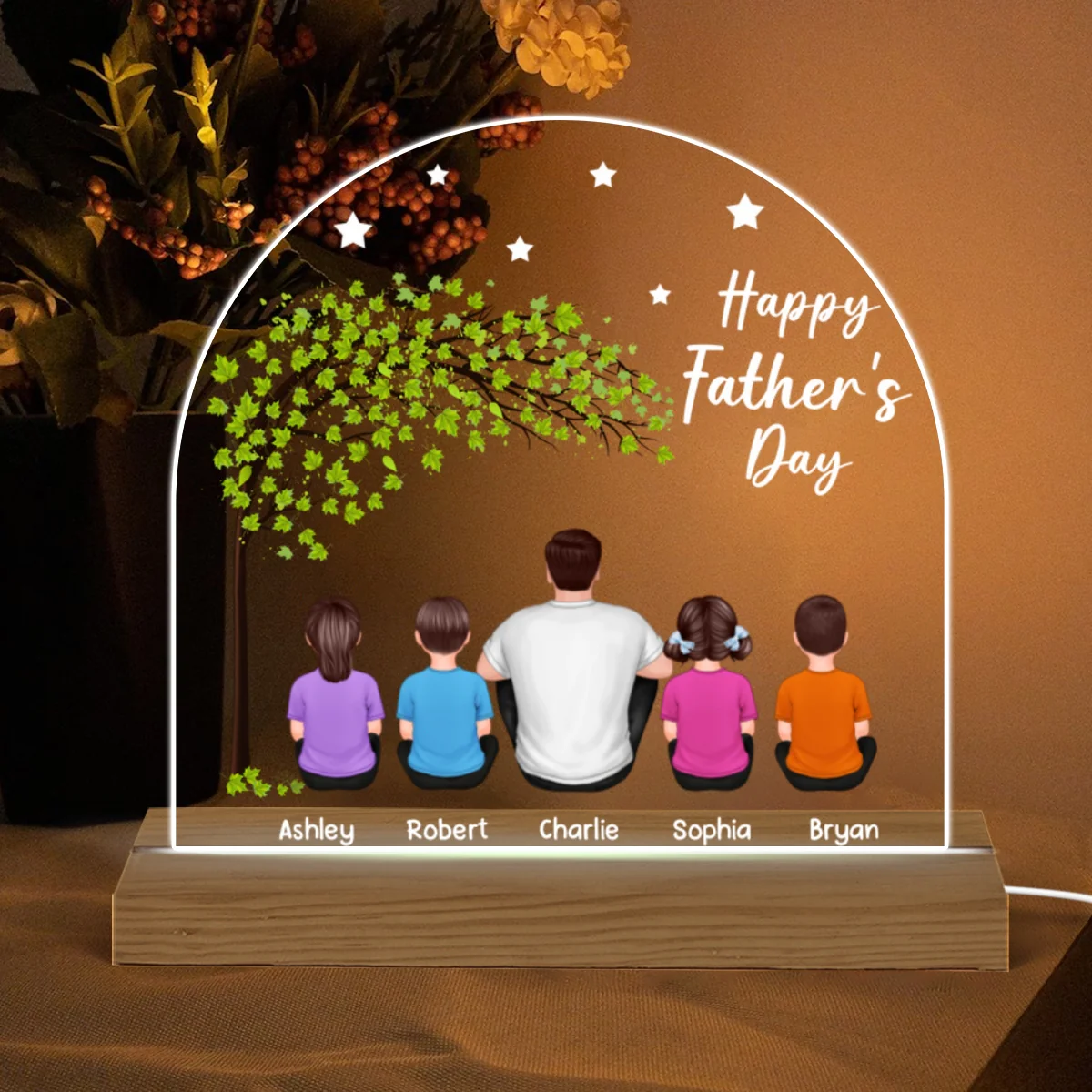 Happy Father‘s Day Dad And Kids Sitting Under Tree Personalized Custom Shape Warm LED Night Light - Image 4