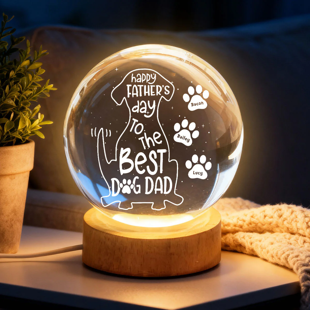 Happy Dog Dad - Personalized Crystal Ball LED Night Light - Heartfelt Gift for Husband - Image 2