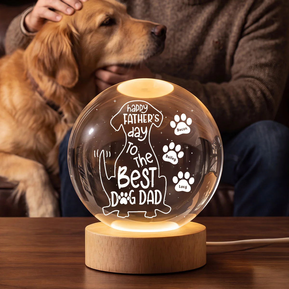 Happy Dog Dad - Personalized Crystal Ball LED Night Light - Heartfelt Gift for Husband - Image 4