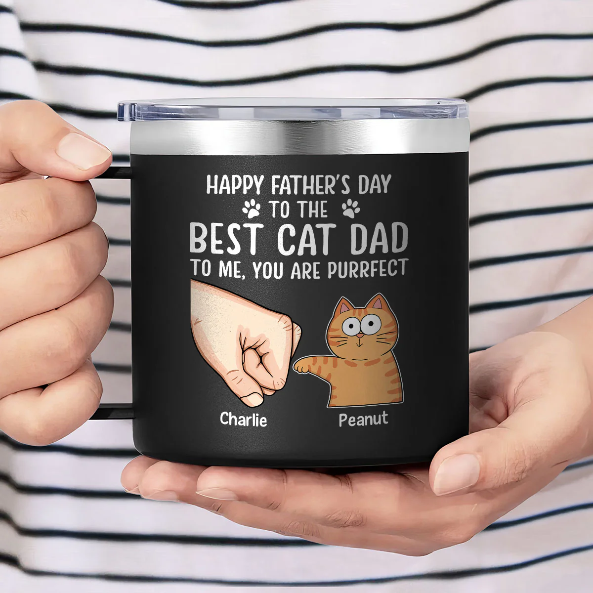 Happy Father‘s Day Fist Bump Funny Cute Cats Personalized Stainless Steel Tumbler With Handle, Gift For Cat Dad - Image 4