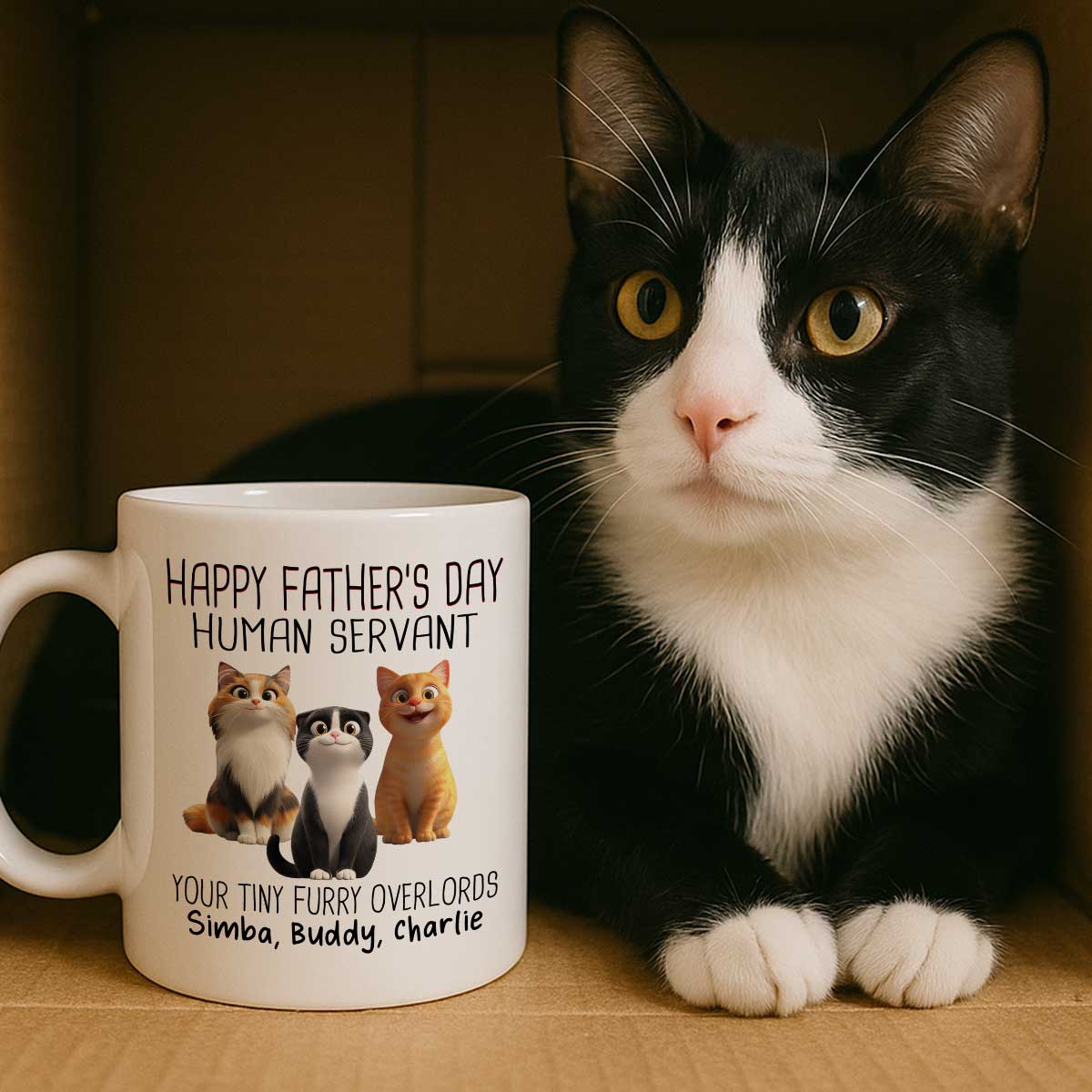 Happy Father's Day Human Servant Cartoon Funny Cats Personalized Mug, Gift For Cat Dad - Image 3