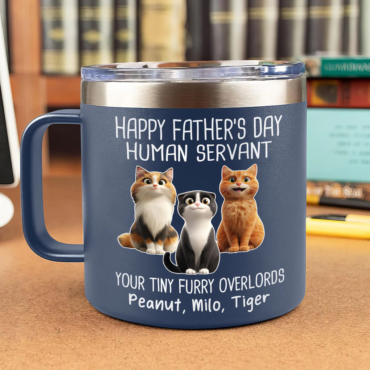 Happy Father's Day Human Servant Cartoon Funny Cats Personalized Stainless Steel Tumbler With Handle - Image 6