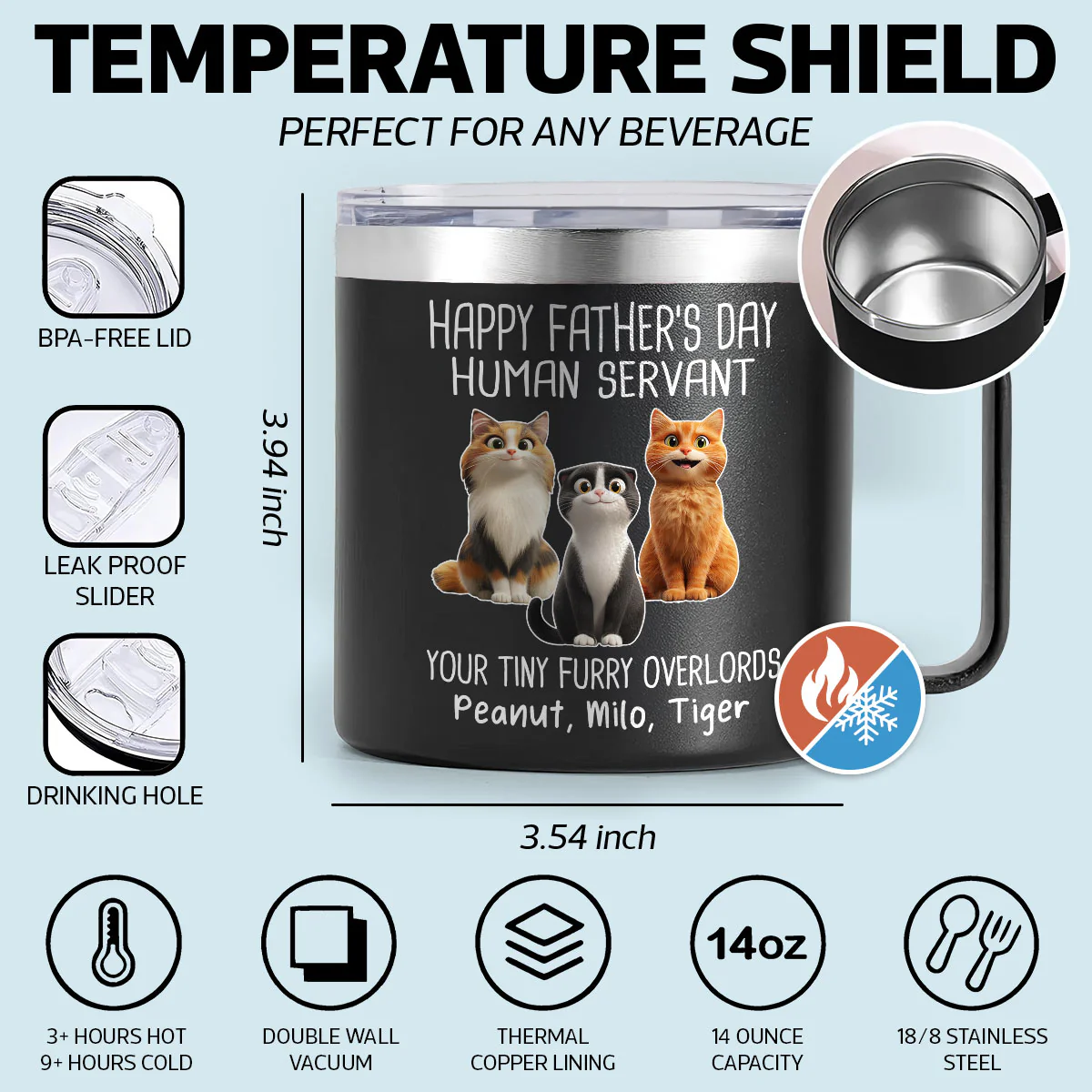 Happy Father's Day Human Servant Cartoon Funny Cats Personalized Stainless Steel Tumbler With Handle - Image 8