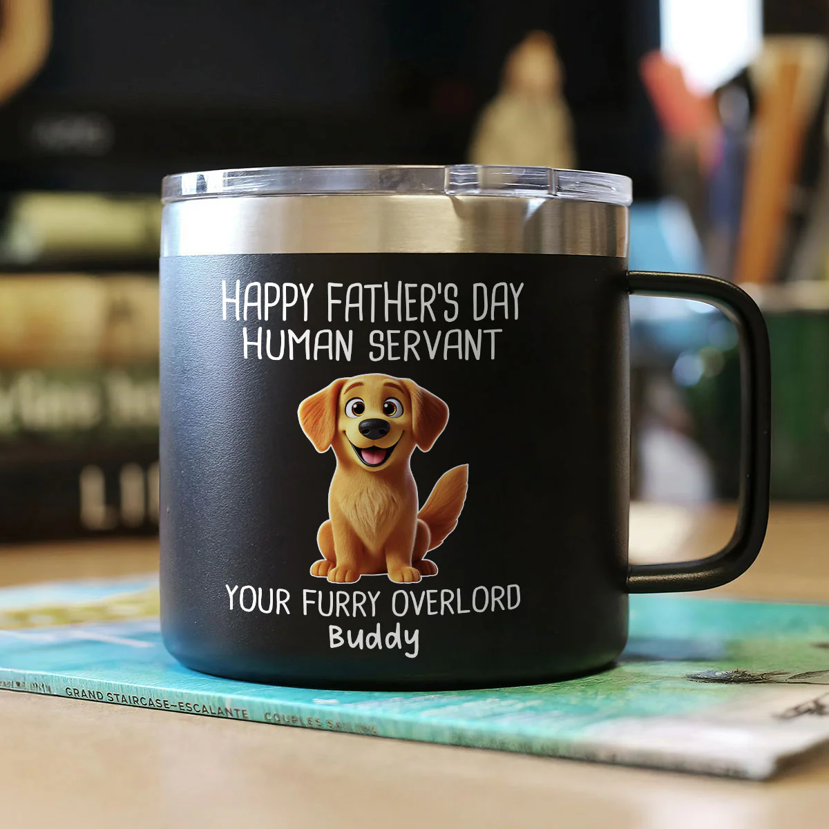 Happy Father's Day Human Servant Cartoon Funny Dogs Personalized Stainless Steel Tumbler With Handle - Image 2
