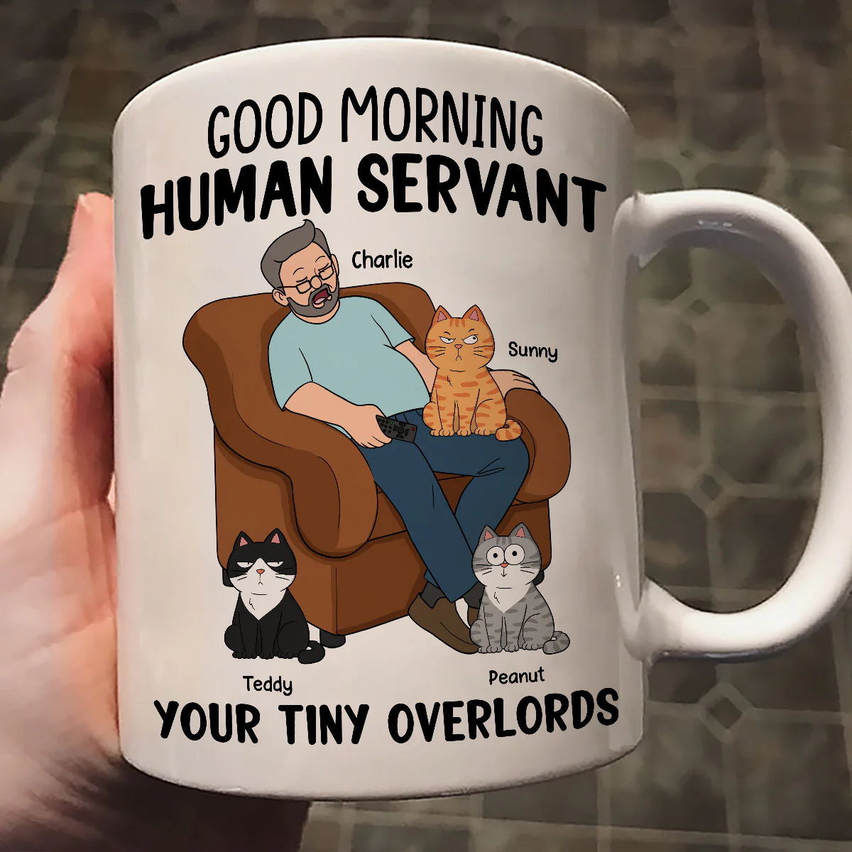 Happy Father‘s Day Human Servant Cat Dad Asleep Funny Cats Personalized Mug - Image 2