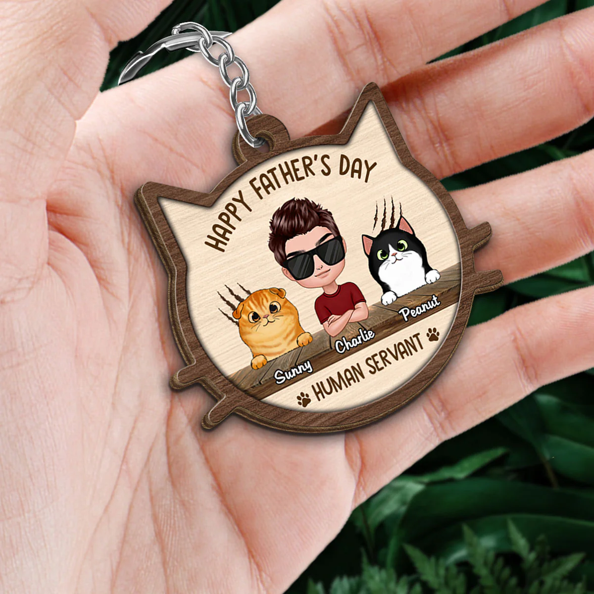 Happy Father‘s Day Human Servant Cat Face Shaped Personalized Wooden Keychain - Image 2