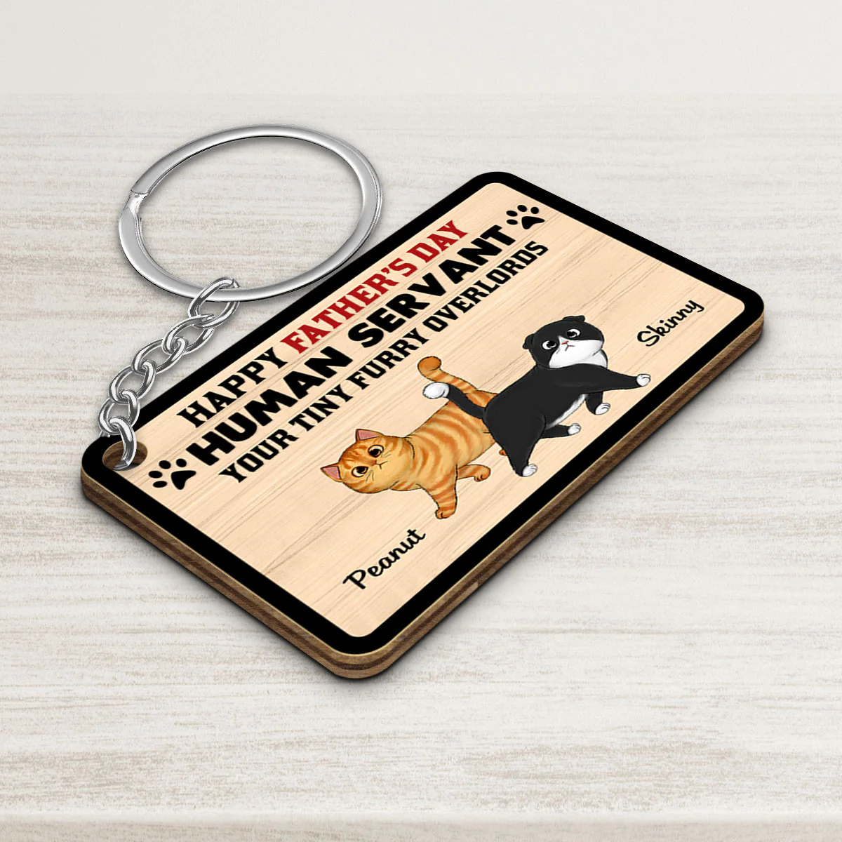 Happy Father‘s Day Human Servant Fluffy Cat Personalized Wooden Keychain - Image 3