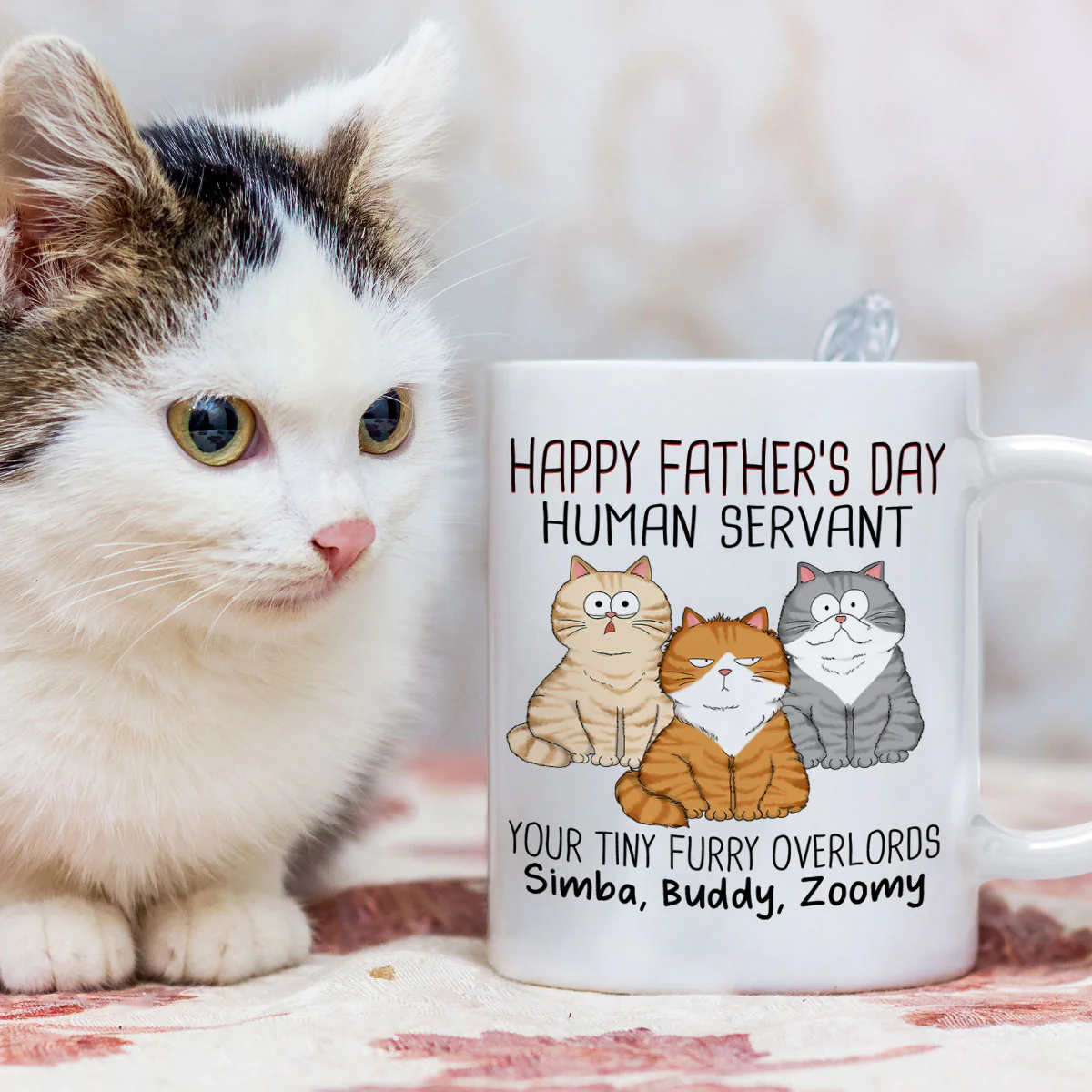 Happy Father's Day Human Servant From Your Tiny Furry Overlord, Personalized Mug, Gift For Cat Dad - Image 3