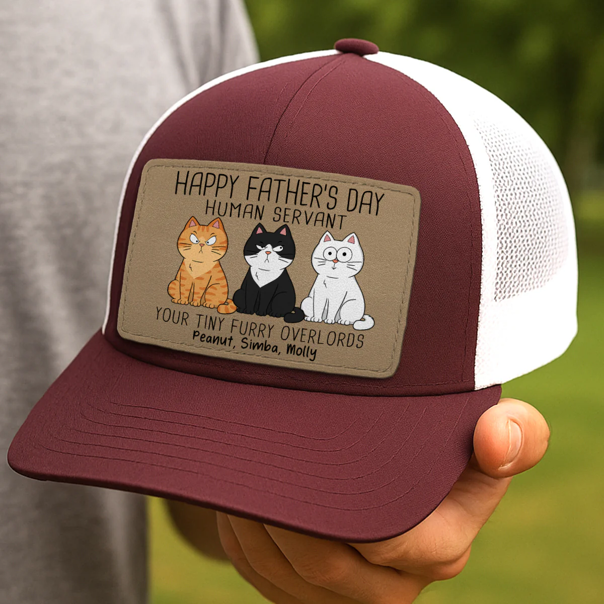 Happy Father‘s Day Human Servant Funny Cute Cats Personalized Leather Patch Hat, Gift For Cat Dad - Image 3