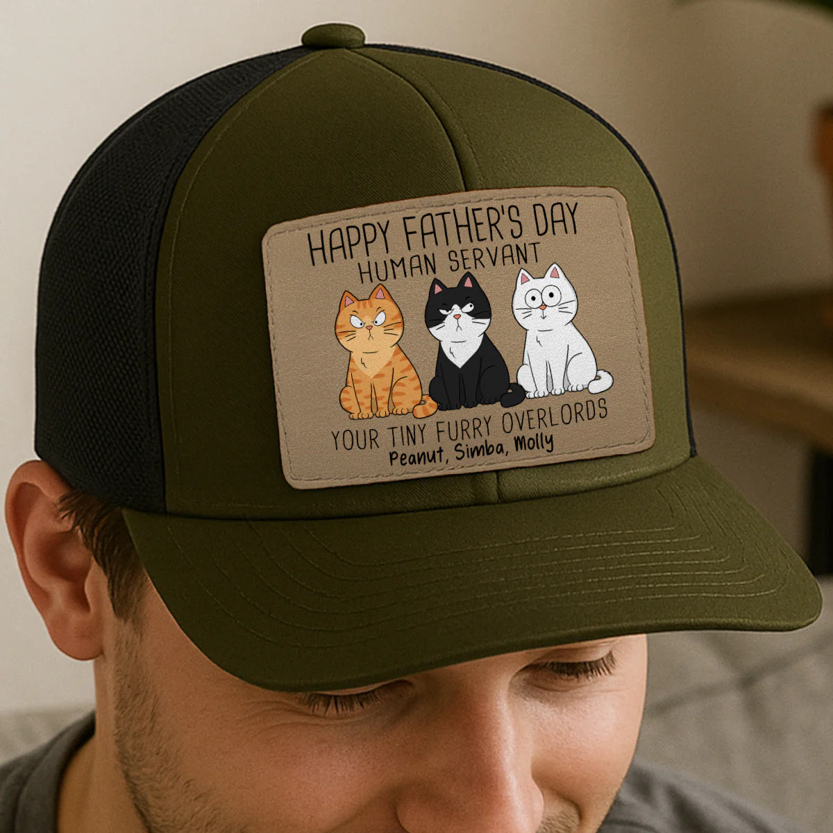 Happy Father‘s Day Human Servant Funny Cute Cats Personalized Leather Patch Hat, Gift For Cat Dad - Image 4